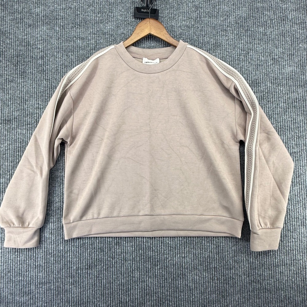 Industry Sweatshirt Womens L Taupe Excellent Crochet Stripe Sleeve Pullover
